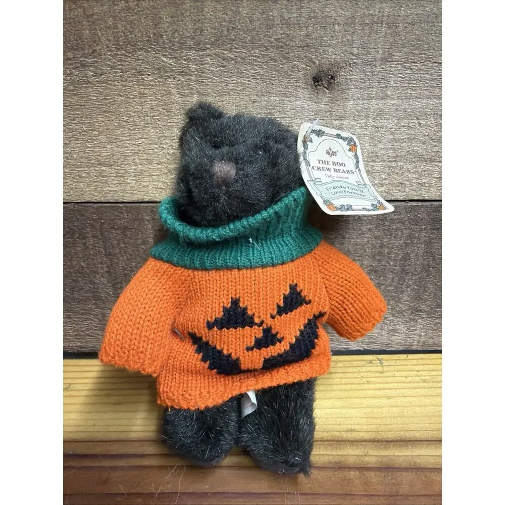 Russ Berrie Halloween Boo Crew Bear Jointed Plush Wearing Jack O Lantern Sweater